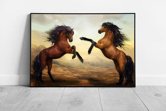 Brown fighting horses animal art Ready to Hang Wall Art Print Framed Picture print