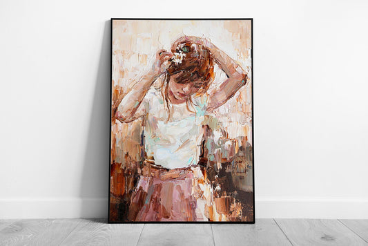 Young Girl Carefully Putting Flowers In Hair Palette Knife Oil Painting Technique Wall Art Print on Paper Framed Picture print