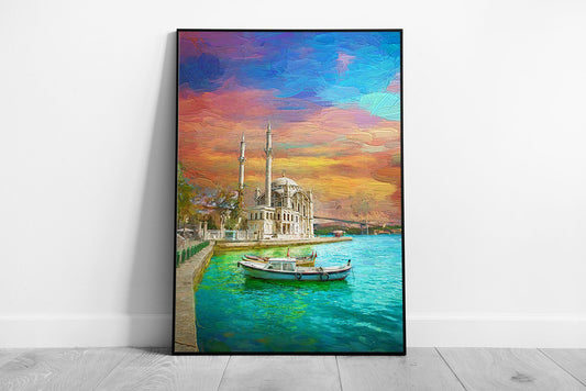 Morning Sunrise Over Ortakoy Mosque Bosphorus Bridge Istanbul Turkey Painting Wall Art Print on Paper Framed Picture print