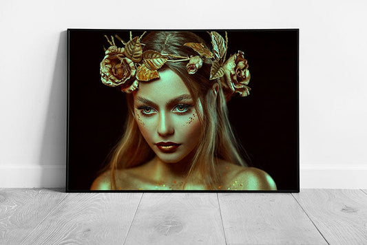 Golden Goddess Gold Rose Wreath Artistic Fantasy Female Photography Wall Art Print on Paper Framed Picture print