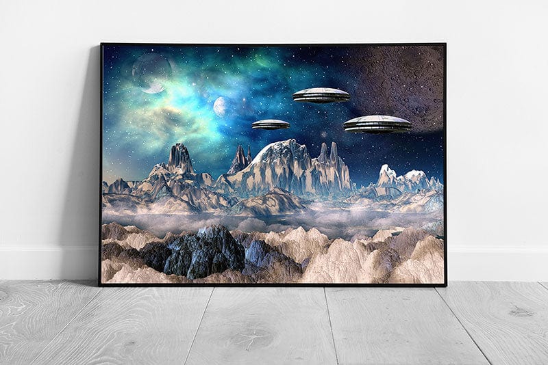 3D Rendered Art Sci-Fi Fantasy Alien Planet With Spaceships Wall Art Print on Paper Framed Picture print