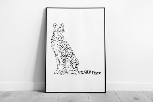 Minimalist Cheetah Sketch African Wild Cat Animal Drawing Illustration Wall Art Print on Paper Framed Picture print