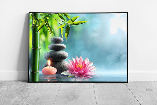 Zen Bamboo Scene Stacked Pebbles Massage Stones Candle Ideal Spa Atmosphere Wall Art Print on Paper Framed Picture print