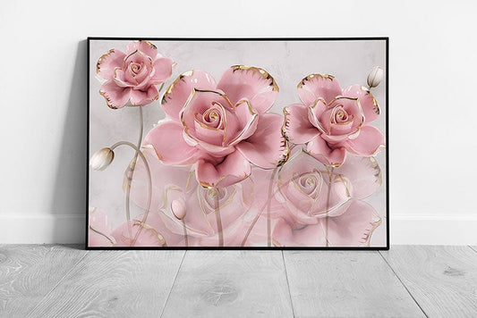 3D Illustration Style Delicate Pink Gold Roses Reflecting In Grey Marble Wall Art Print on Paper Framed Picture print