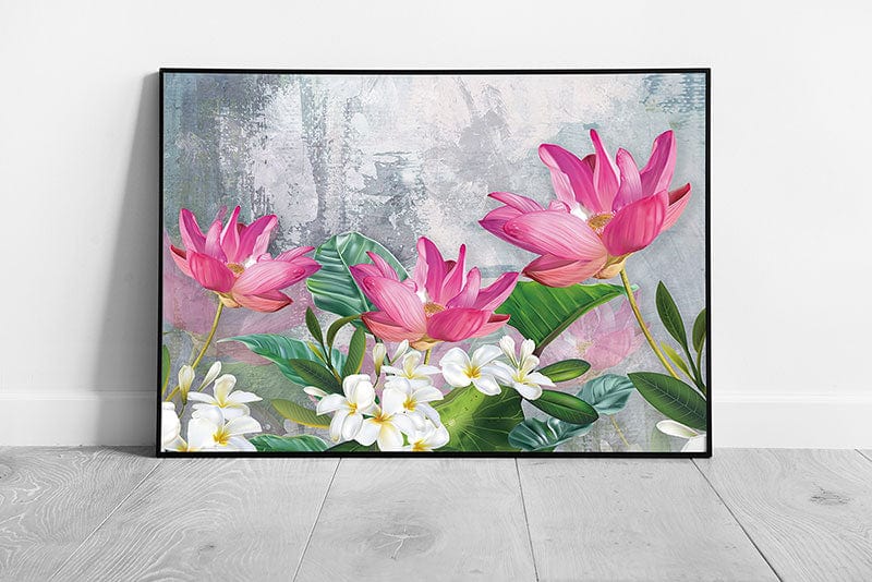 3D Illustration Style Pink White Blooming Spring Flowers Wall Art Print on Paper Framed Picture print