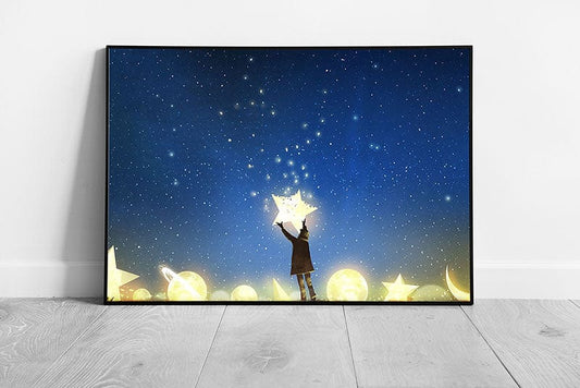 Young Boy Arranging The Night Sky Glowing Stars Moons Planets Digital Art Wall Art Print on Paper Framed Picture print