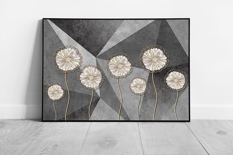 3D Illustration Style Embroidery Like Dandelions With Angular Grey Background Wall Art Print on Paper Framed Picture print