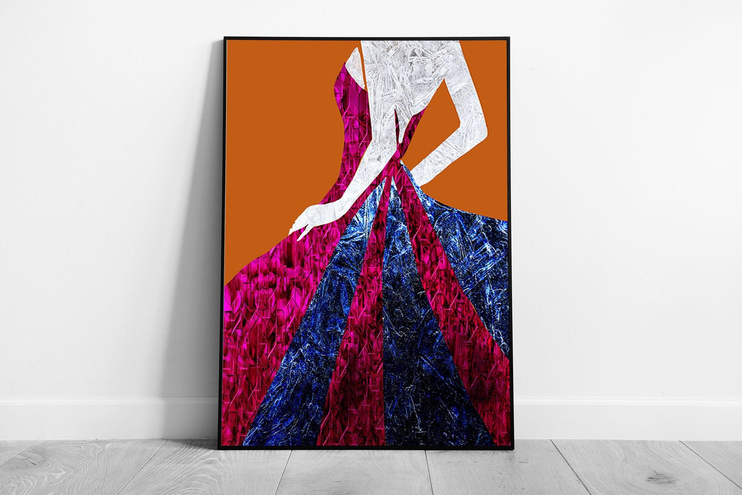 3D Illustration Textured Style Woman In Blue Pink Dress Colourful Modern Wall Art Print on Paper Framed Picture print