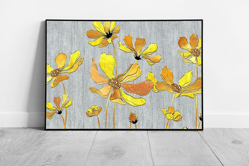 3D Illustration Style Bright Yellow Flowers Against Grey Background Wall Art Print on Paper Framed Picture print