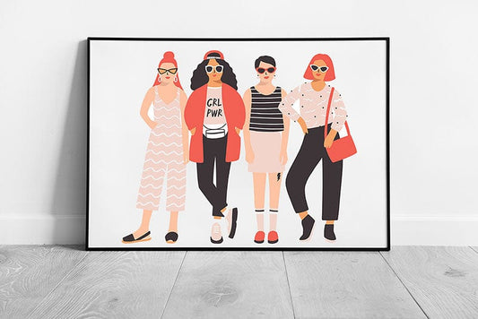 Young Group Of Trendy Feminist Activists Digital Illustration Wall Art Print on Paper Framed Picture print