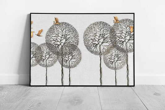 3D Minimalist Modern Illustration Of Woodland Trees And Flocks Of Golden Birds Wall Art Print on Paper Framed Picture print