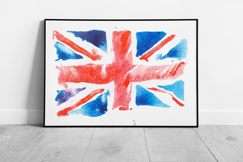 British Flag Union Jack Floating In The Wind Messy Watercolour Painting Illustration Wall Art Print on Paper Framed Picture print