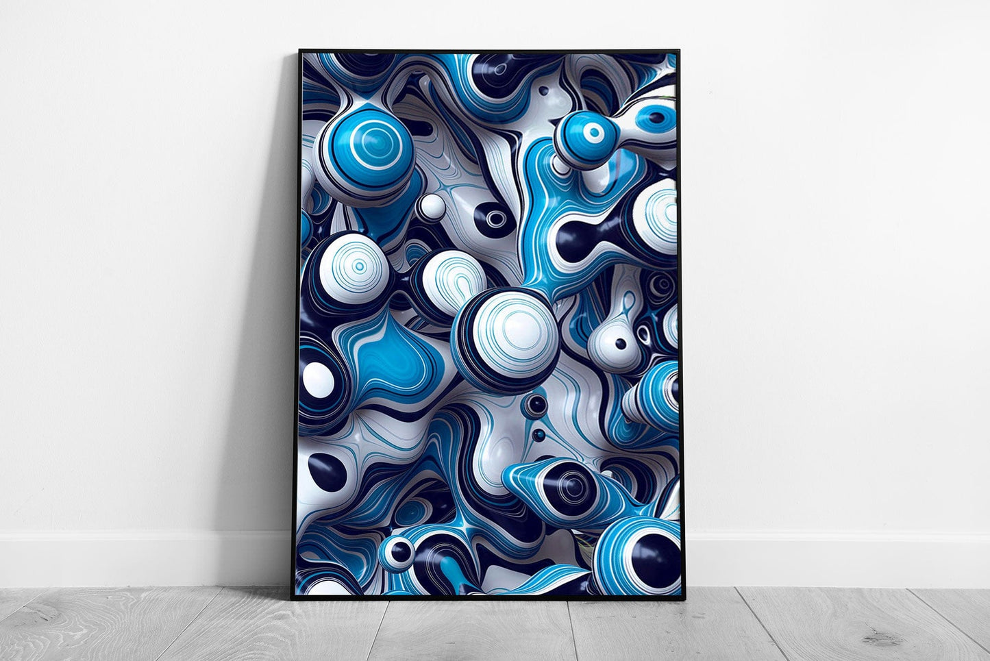 3D Abstract Paint Splash Smooth Wavy Bubbles Blue White Modern Digital Illustration Wall Art Print on Paper Framed Picture print