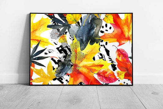 Vibrant Abstract Interpretation Of Autumn Falling Leaves Grunge Digital Artwork Wall Art Print on Paper Framed Picture print