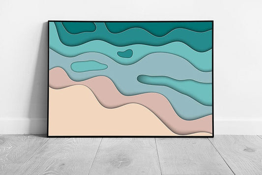 Abstract Beach Seascape Inspired Digital Paper Cut Layering Contemporary Modern Wall Art Print on Paper Framed Picture print