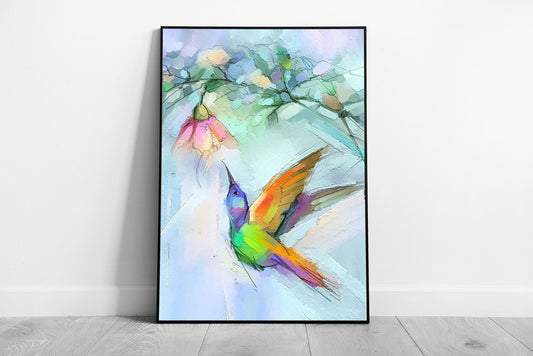 Abstract Colourful Hummingbird Feeding From A Hanging Flower Nature Inspired Wall Art Print on Paper Framed Picture print