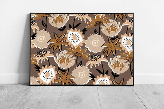 Abstract Brown Beige Minimalist Toned Retro Style Flowers Floral Pattern Wall Art Print on Paper Framed Picture print