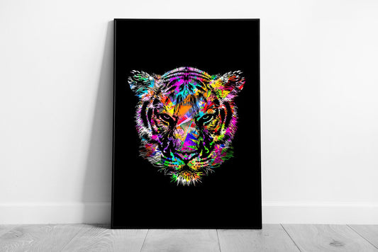 Abstract Colourful Digital Illustration Tiger Face Contrasting Monochrome And Colours Wall Art Print on Paper Framed Picture print