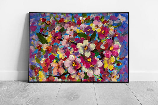 Abstract Colourful Floral Spring Flower Bouquet Oil Painting Style Wall Art Print on Paper Framed Picture print