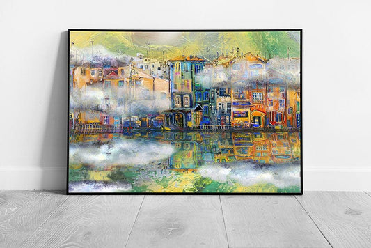 Abstract Artistic Foggy Town Lining A Green River Contemporary Illustration Style Wall Art Print on Paper Framed Picture print