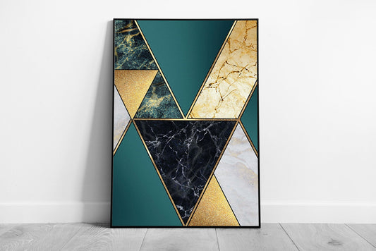 Abstract Art Deco Gold Blue Modern Marbling Mosaic Bold Angular Shapes Statement Wall Art Print on Paper Framed Picture print