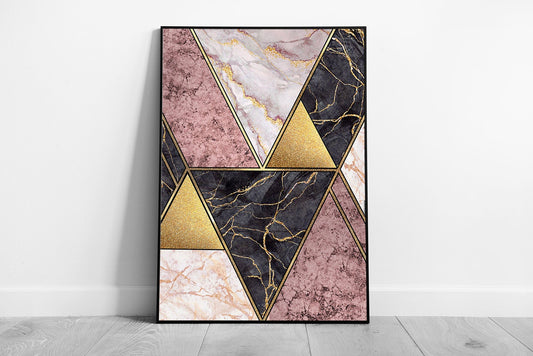 Abstract Art Deco Gold Pink Modern Marbling Mosaic Bold Angular Shapes Statement Wall Art Print on Paper Framed Picture print