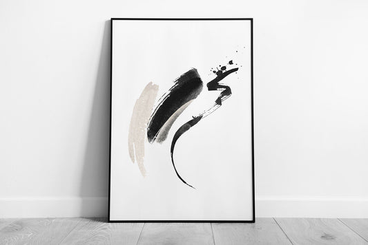 Abstract Black Beige Watercolour Brushstrokes Minimal Modern Contemporary Contrast Wall Art Print on Paper Framed Picture print