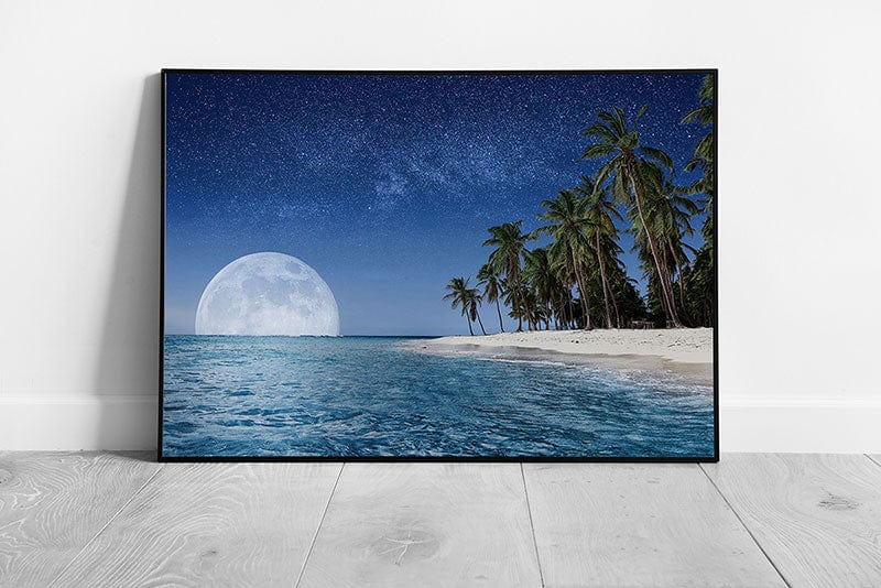 Empty Moonlit Sandy Paradise Beach Under Starry Night Sky Tall Palm Trees Blue Sea Wall Art Print on Paper Framed Picture print