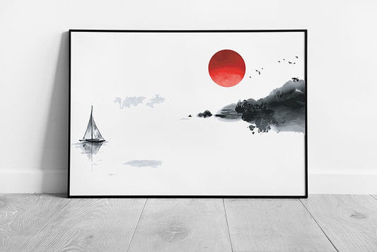 Oriental Style Black White Red Seascape With Sail Boat Red Moon Traditional Ink Wall Art Print on Paper Framed Picture print