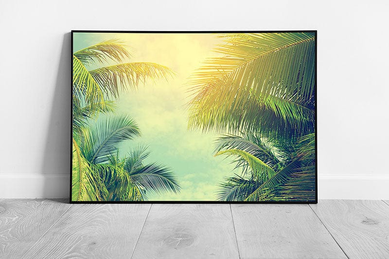 Sun Shining Through Palm Tree Leaves Warm Summer Tones Retro Vintage Style Filter Wall Art Print on Paper Framed Picture print