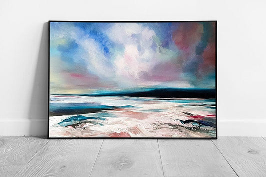 Abstract Beach Cold Toned Colours Minimalist Brushstroke Textured Painting Style Wall Art Print on Paper Framed Picture print