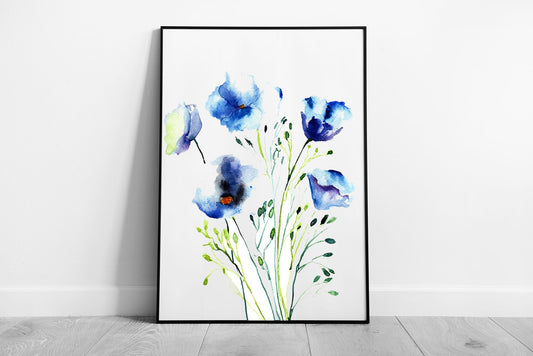 Beautiful Delicate Shades Of Blue Watercolour Painting Flower Illustration Floral Wall Art Print on Paper Framed Picture print