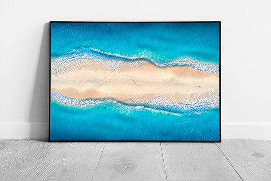 Aerial View Of Stunning Gold Sand Beach Surrounded By Blue Ocean Sea Zanzibar Africa Wall Art Print on Paper Framed Picture print