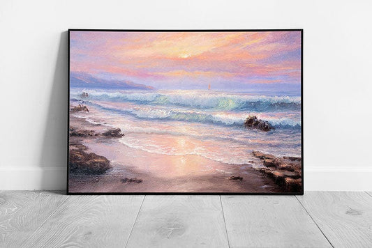 Beautiful Pink Purple Cloudy Sunset Over Seashore Impressionism Oil Painting Style Wall Art Print on Paper Framed Picture print