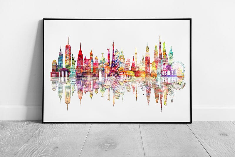 Print on Paper Colourful Landmarks WORLD skyline framed Wall Art Print Framed Picture print