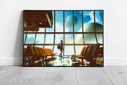 young girl walking in airport lounge looking at the planets Ready to Hang Wall Art Print Framed Picture print