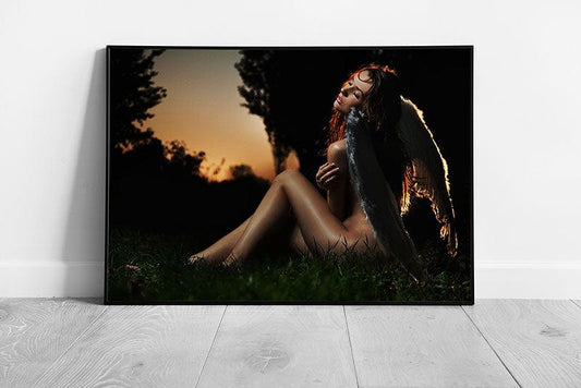 Young beautiful lady Angel with wings sunset forest Ready to Hang Wall Art Print Framed Picture print