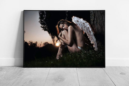 Young lady Angel with wings Autumn sunset forest Ready to Hang Wall Art Print on Paper Framed Picture print