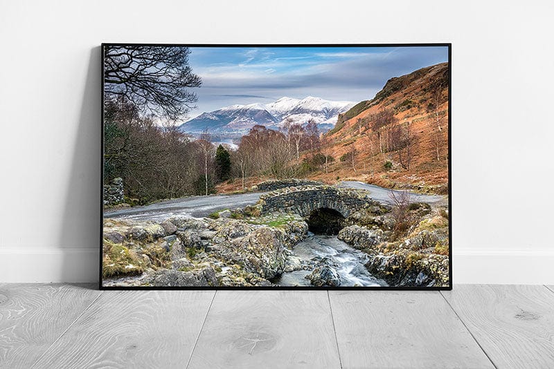 Ashness Bridge & snow capped Skiddaw The Lake District Ready to Hang Wall Art Print Framed Picture print