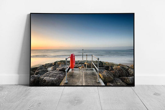 A small jetty on the beach Sandbanks Poole Dorset Ready to Hang Wall Art Print Framed Picture print