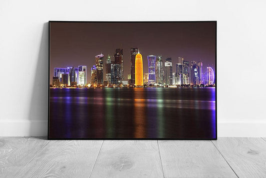 city of Doha at night Qatar Middle East cityscape art Ready to Hang Wall Art Print Framed Picture print