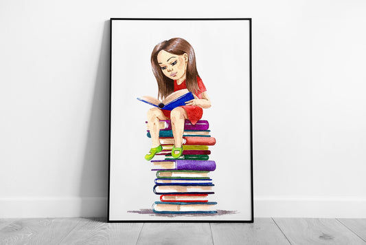 Young Girl sitting on a pile of books illustration Ready to Hang Wall Art Print Framed Picture print